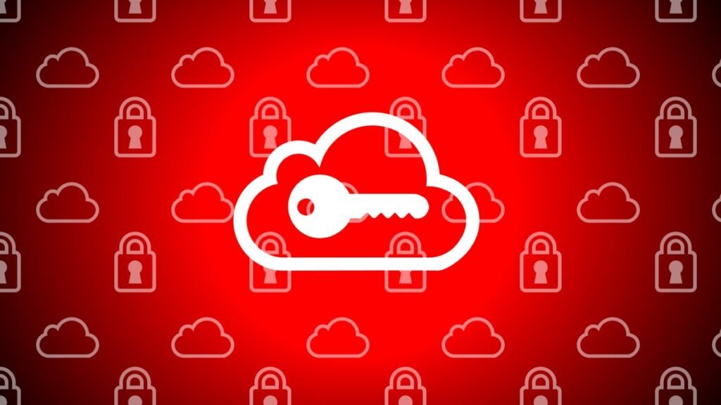 An illustration of a key over a cloud icon, background of cloud and lock icons.