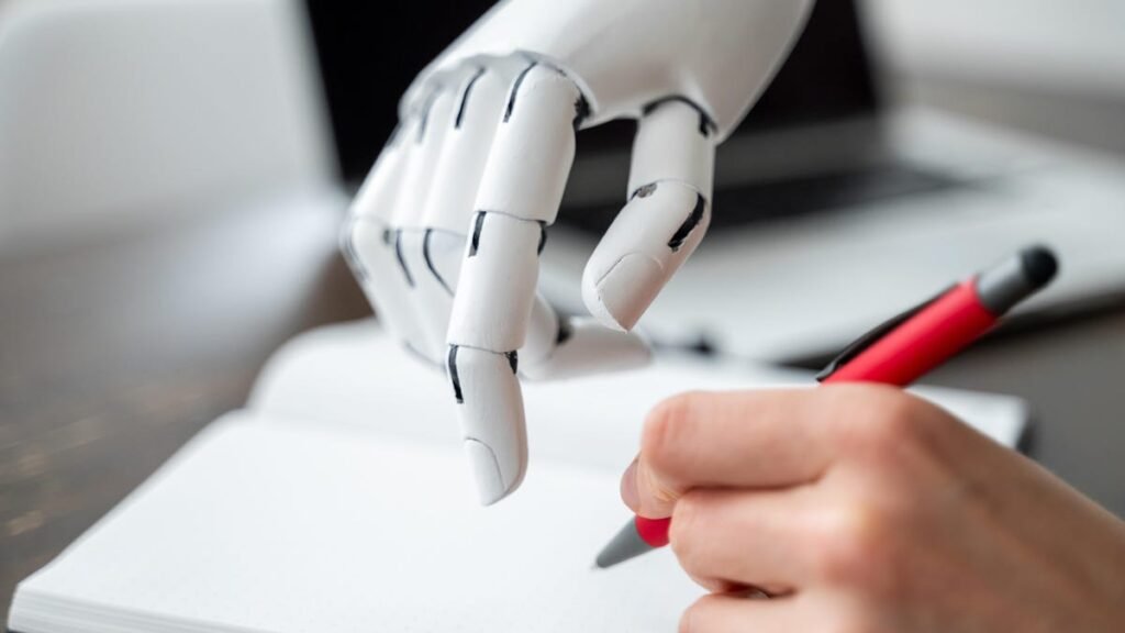 A Major Publisher Just Canceled This Book Over AI Writing Concerns A white robot hand guides a human hand to help them write.