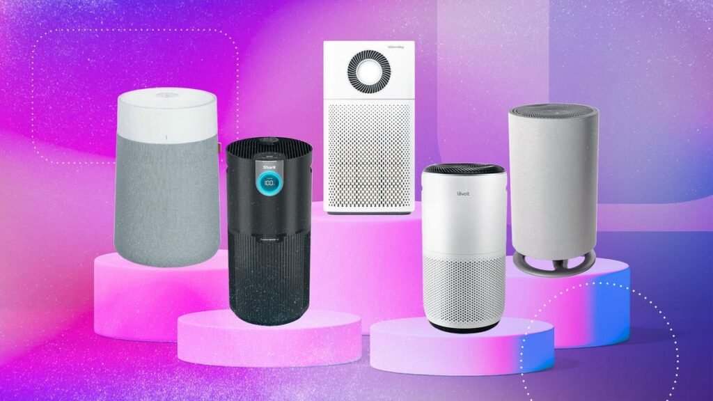 various air purifiers on display against a blue-pink-purple gradient background