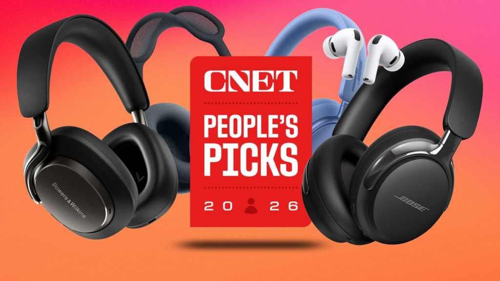 Four sets of earphones and a pair of earbuds on a gradient orange background with text CNET People's Picks 2026 in front.