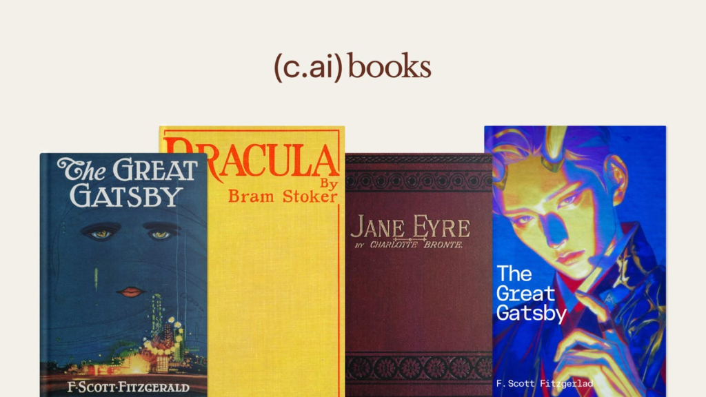 Book covers for The Great Gatsby, Dracula, and Jane Eyre are displayed. These books are available on C.ai.