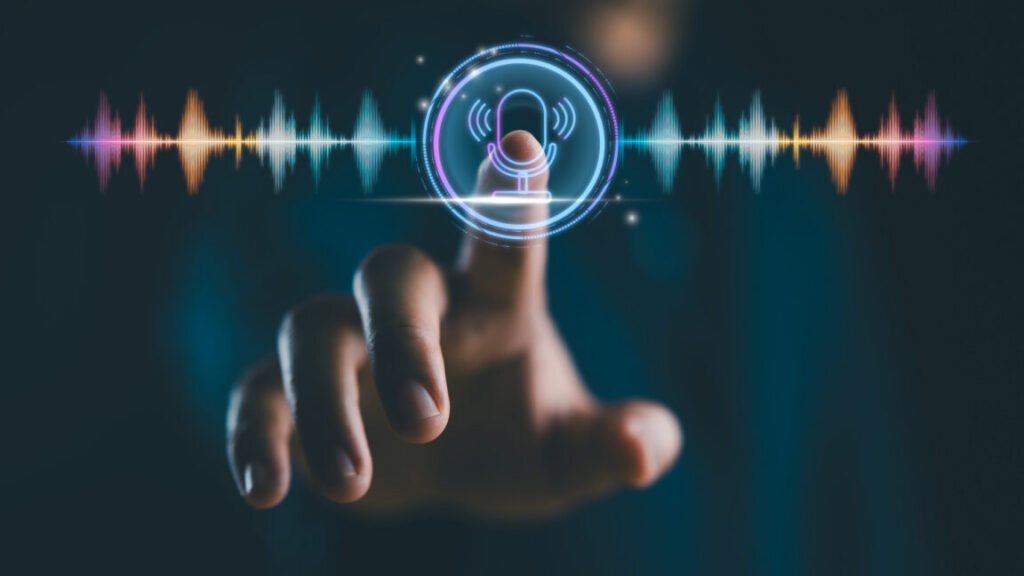 Voice recording. Man touching microphone icon on smartphone. Mobile application record sound, audio, music, voice message or use your voice to direct AI to search for information on Internet.