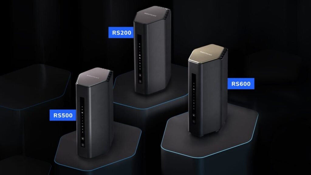 Three Netgear routers shown in a product marketing image.