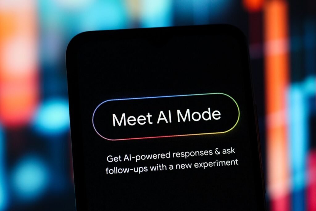 In this photo illustration, the Google Meet AI Mode logo is seen displayed on a smartphone screen.