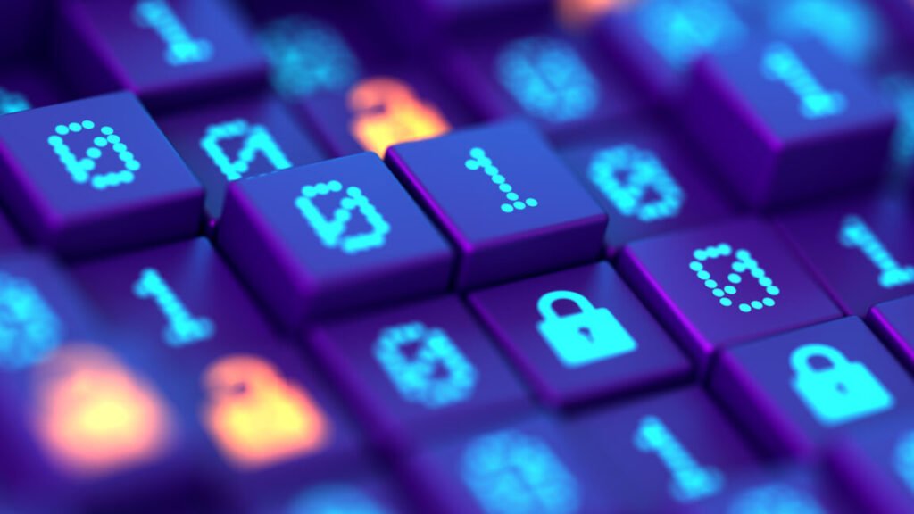 Illustration of ones and zeros being encrypted.