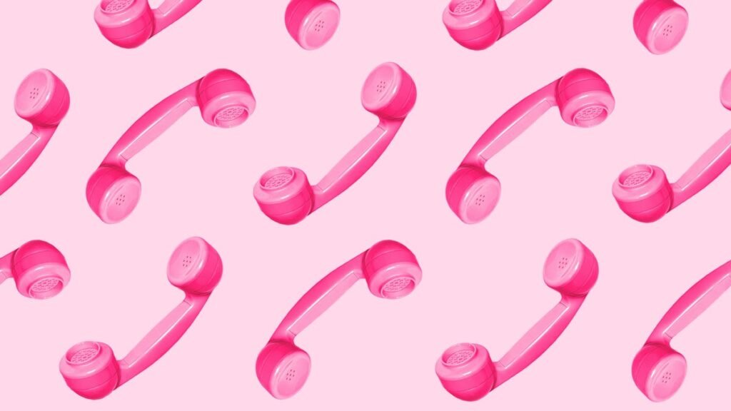 Landline handsets are depicted in dark pink on a light pink background