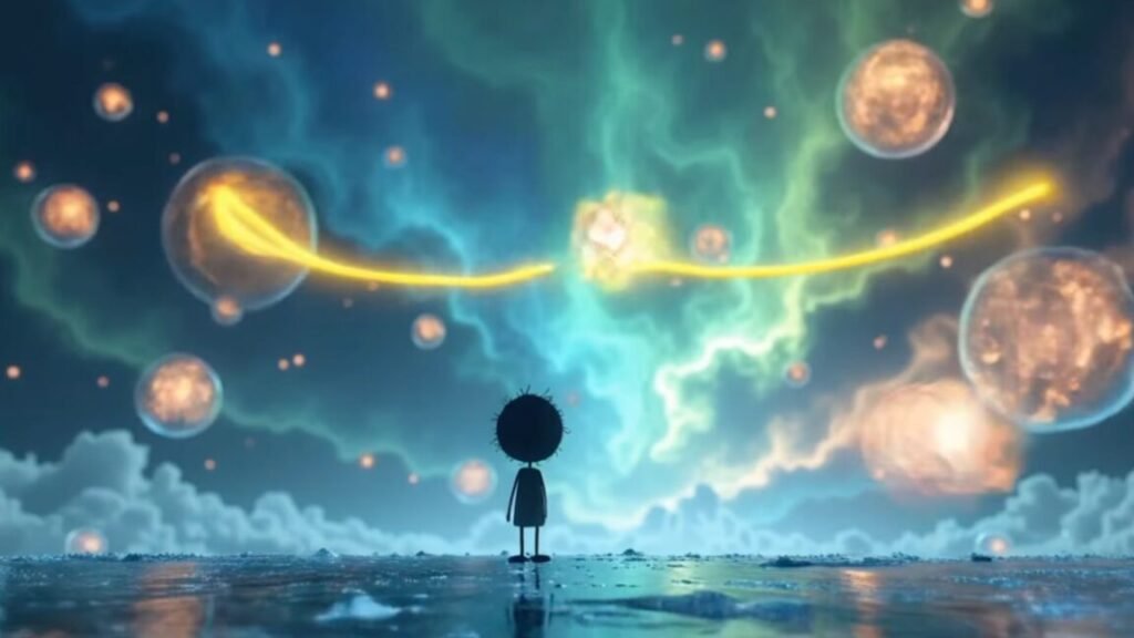 Meet the Quantum Kid – Ars Technica illustration of a small black childlike figure dwarfed by the vast expanse of a colorful quantum universe