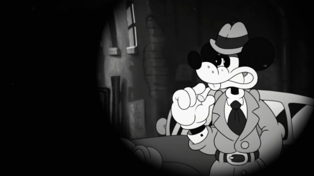 A cartoon mouse in a trench coat looks on as the screen vignette closes around him.