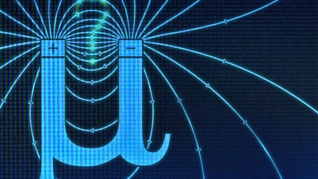 diagram showing greek letter symbolizing the muon, with lines of magnetic force radiating outwards
