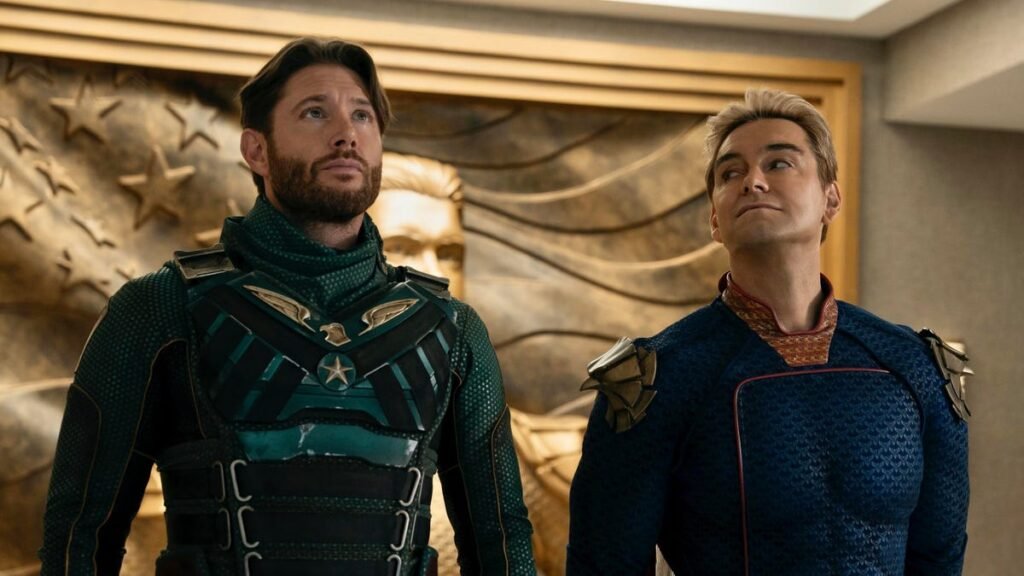 In a still from the The Boys season 5, Antony Starr's Homelander looks at Jensen Ackles' Soldier Boy.