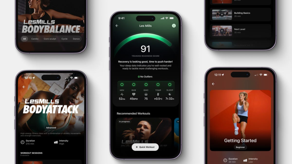 Phone screens showing the Ultrahuman x Les Mills PowerPlug and workouts.