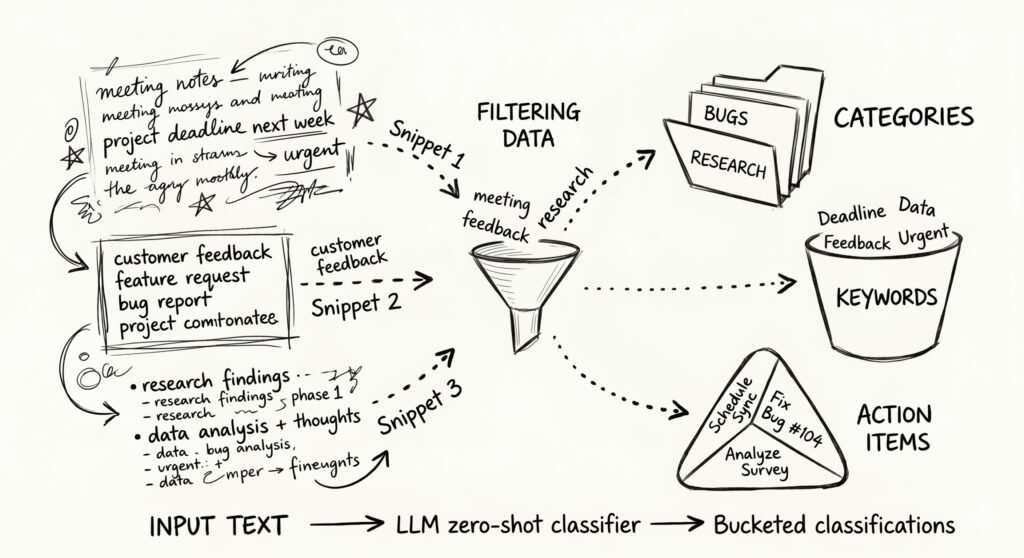 A hand-drawn style diagram showing how an LLM zero-shot classifier works. Messy, unstructured "Input Text" on the left flows into a central funnel, which then sorts the data into neat "Bucketed classifications" on the right, represented by categorized folders, a keyword bucket, and an action item diagram.