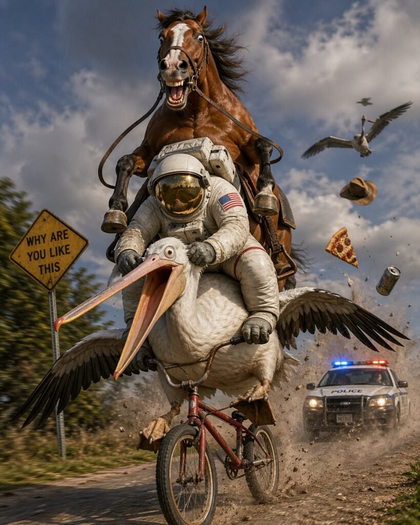 AI generated image. A pelican is riding a bicycle along a dirt track, chased by a police car. The pelican looks panicked, likely because there is an astronaut (with prehensile toes for some reason) riding the pelican clinging on to where its ears should be. The astronaut is being ridden by a horse, with an equally wild expression. A slice of pizza and a can and a cowboy hat are falling next to them. A road sign in the background reads WHY ARE YOU LIKE THIS.