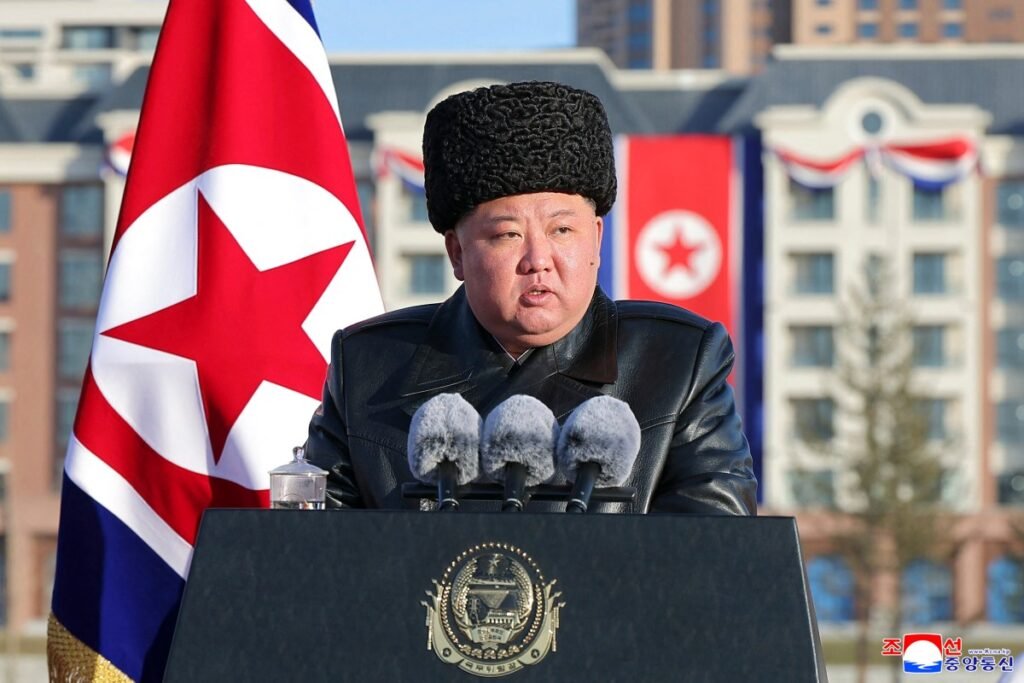 North Korean leader Kim Jong Un delivering a speech at the inauguration ceremony of Saeppyol Street in Pyongyang.