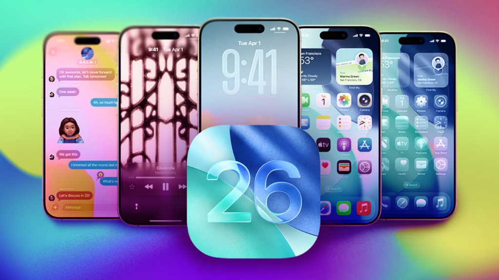 Several iPhones are displayed with the iOS 26 logo in front of them.