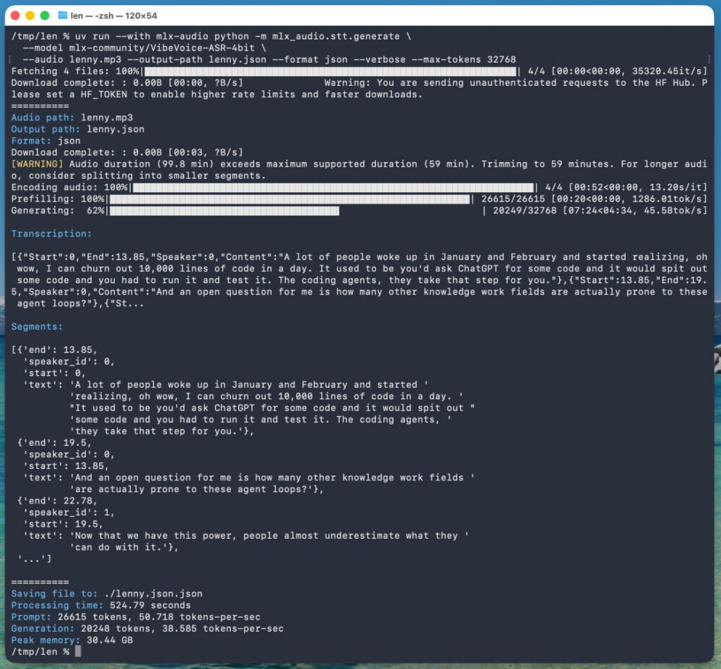 Screenshot of a macOS terminal running an mlx-audio speech-to-text command using the VibeVoice-ASR-4bit model on lenny.mp3, showing download progress, a warning that audio duration (99.8 min) exceeds the 59 min maximum so it