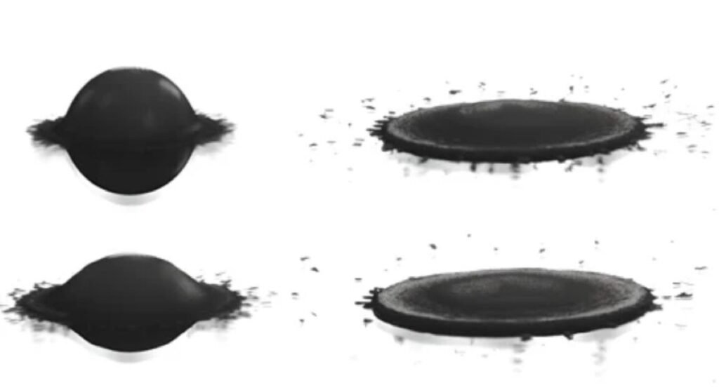 images of black viscous fluid (oobleck) showing different phases of platter behavior