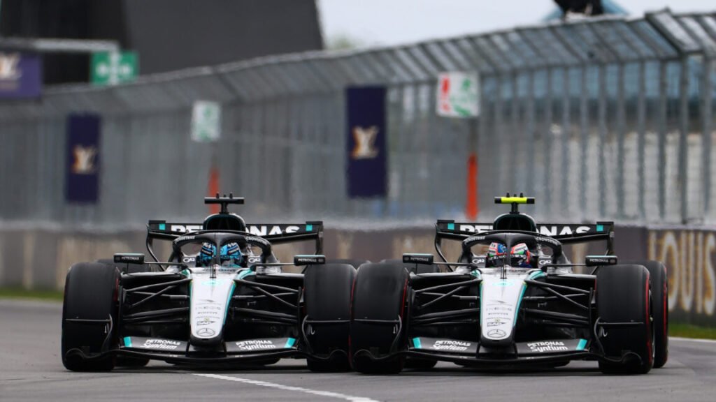 MONTREAL, QUEBEC - MAY 24: George Russell of Great Britain driving the (63) Mercedes AMG Petronas F1 Team W17 and Andrea Kimi Antonelli of Italy driving the (12) Mercedes AMG Petronas F1 Team W17 battle for track position during the F1 Grand Prix of Canada at Circuit Gilles-Villeneuve on May 24, 2026 in Montreal, Quebec. (Photo by Bryn Lennon - Formula 1/Formula 1 via Getty Images)