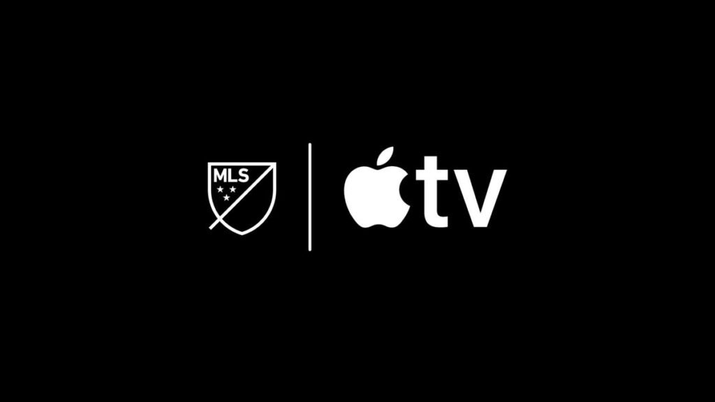Apple TV and MLS logo in white on a black background