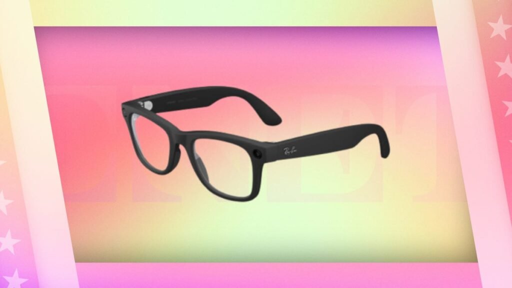 Meta Ray Ban smart glasses against an abstract pink and pale yellow background