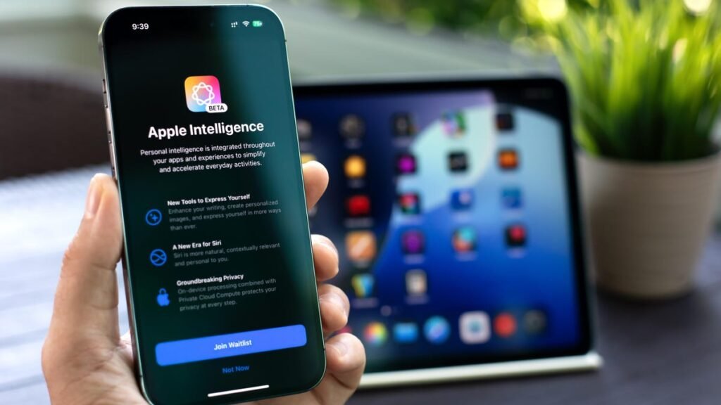 hand holding iphone with apple intelligence on screen with ipad in background