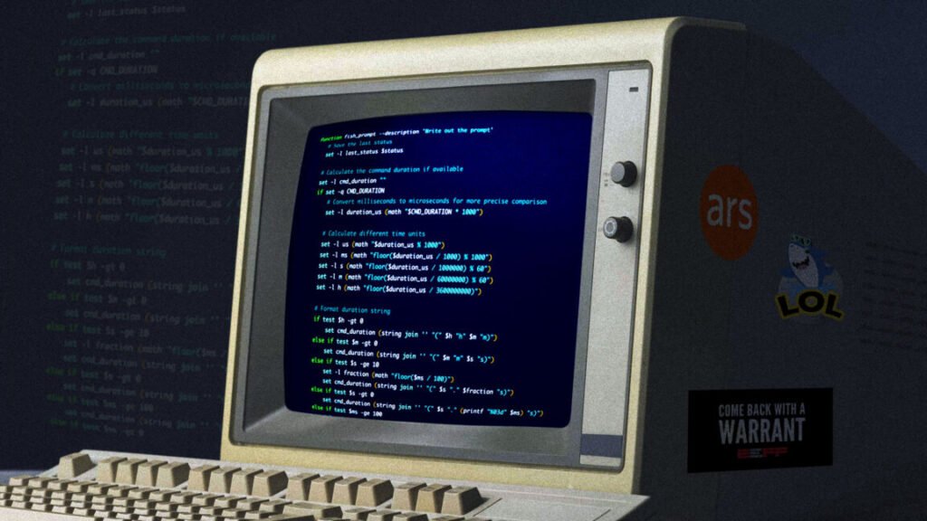 A retro-themed terminal showing code snippets