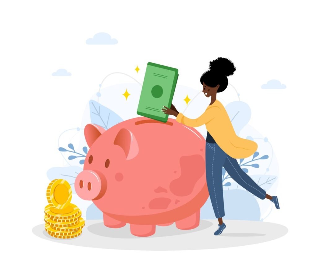 Black founders raise highest amount of quarterly funding since 2022, but there’s a catch Piggy bank. Happy african woman puts green banknotes in money box. Save money concept. Investments in future. Financial symbol. Banking or business services. Vector illustration in flat cartoon style.