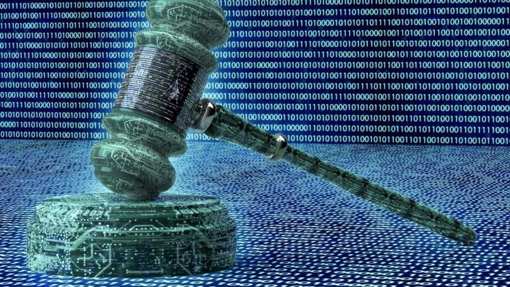 Illustration of a judge's gavel on a digital background resembling a computer circuit board.