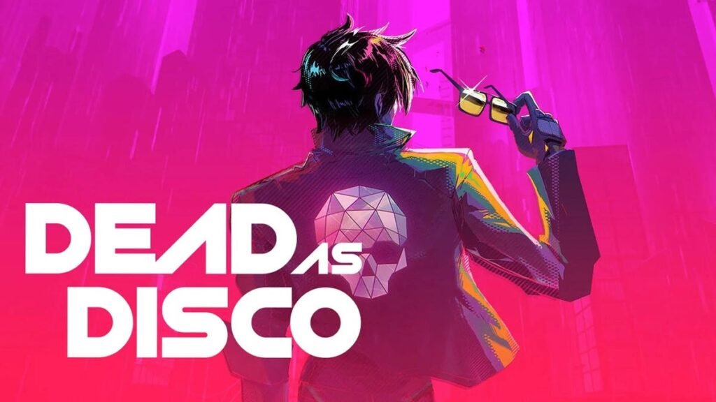 Dead as Disco key art. Main character Charlie Disco has his back to the viewer, showing off his flashy skull-embroidered jacket. The background is neon pink. A Dead as Disco logo is overlaid on top of the image.