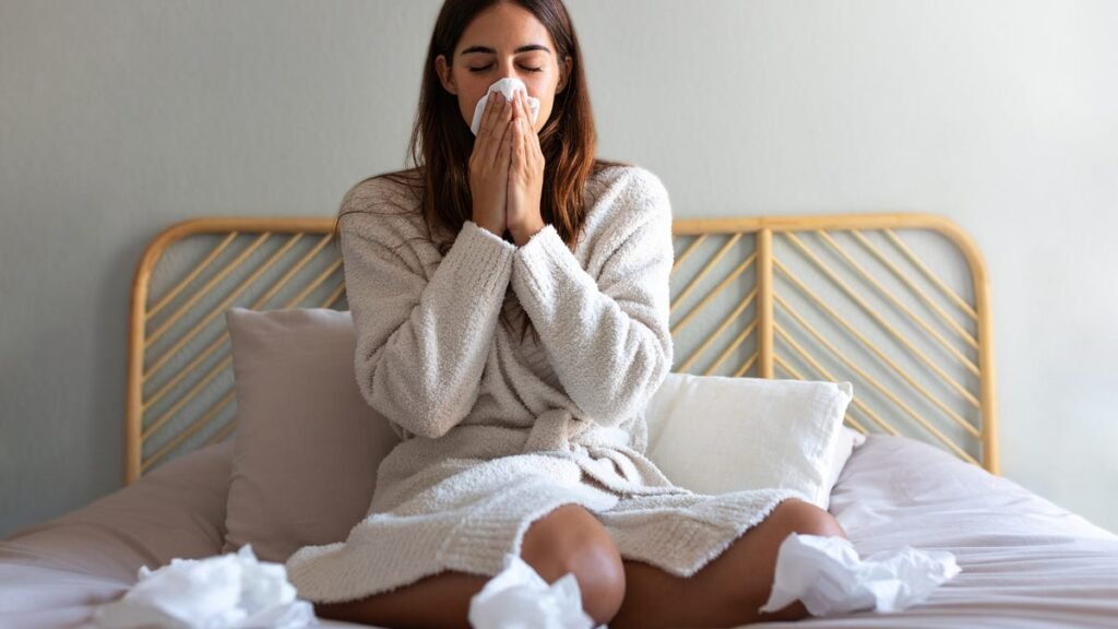 A person with long brown hair blowing their nose surrounded by tissues on a bed.