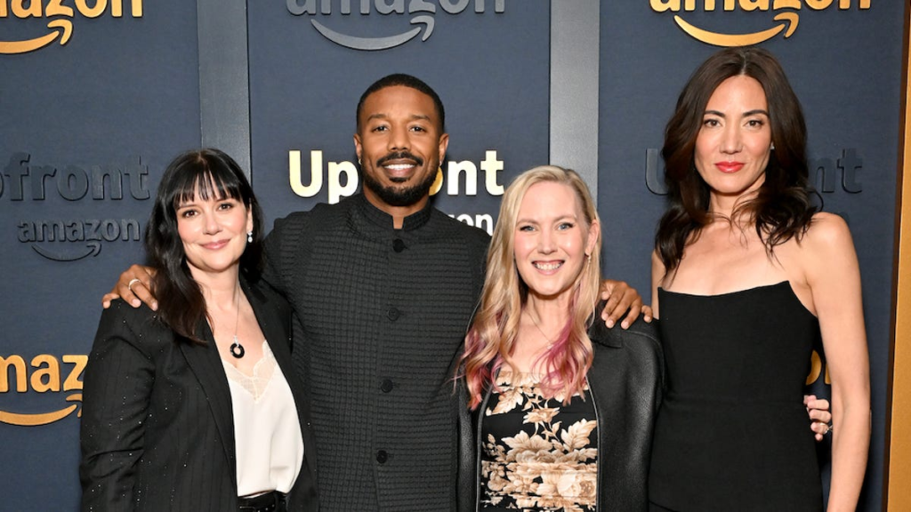 A photo of Rebecca Yarros, Michael B Jordan and Elizabeth Raposo at Amazon Upfront 2026