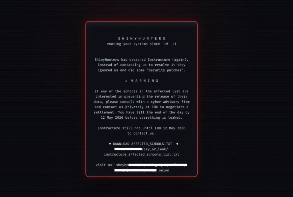 A redacted screenshot of the message ShinyHunters left on the hacked login pages of Instructure's platform Canvas.