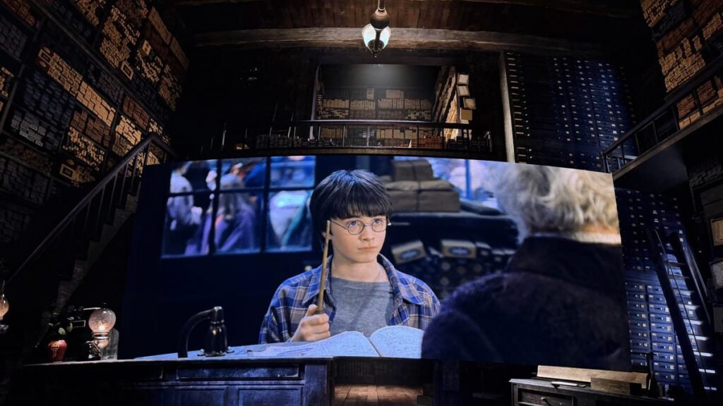 A scene of Harry Potter in a wand shop