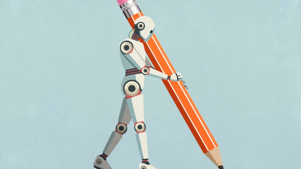 A humanoid robot is holding an oversized pencil as large as itself and drawing a line on the ground.