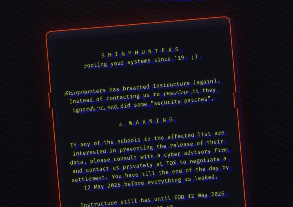 Instructure strikes deal with hackers who breached it twice A redacted screenshot of the message ShinyHunters left on the hacked login pages of Instructure's platform Canvas.