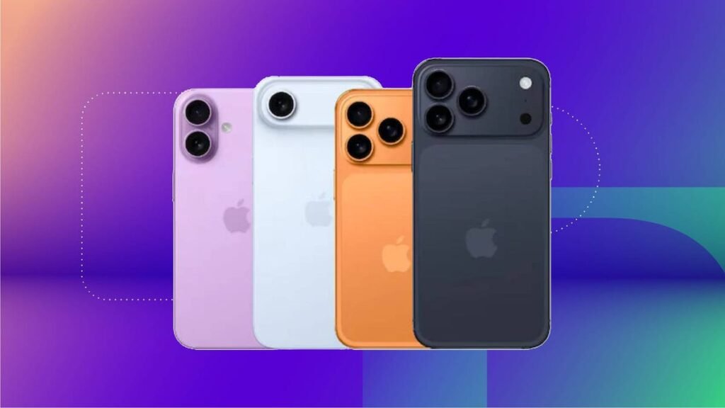 Four different iPhones against a purple gradient CNET background.