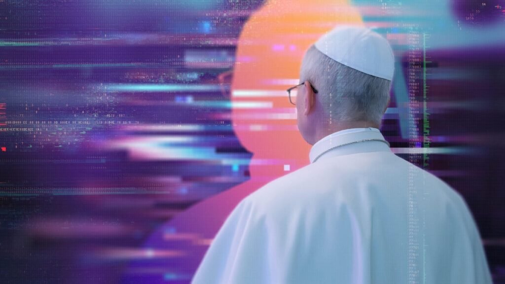 Pope Leo standing in front of his digital silhouette