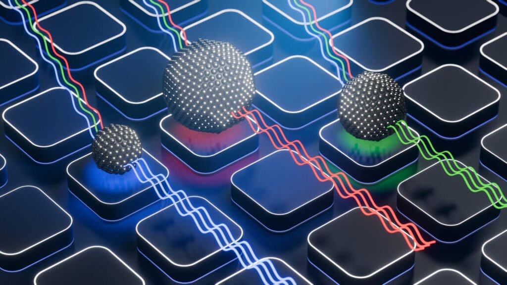 rendering of a large series of square blocks, three of which have spheres on top of them. There are different colored lines connected to the spheres.