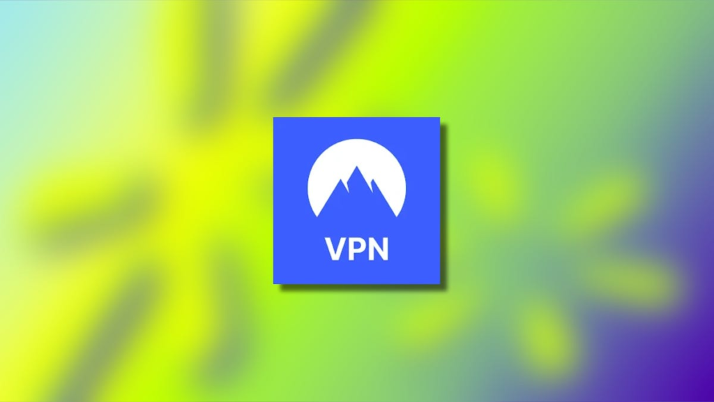 blue and white NordVPN logo against a neon background