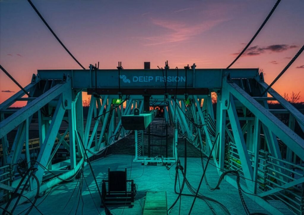 A drilling rig stands in front of a sunset.