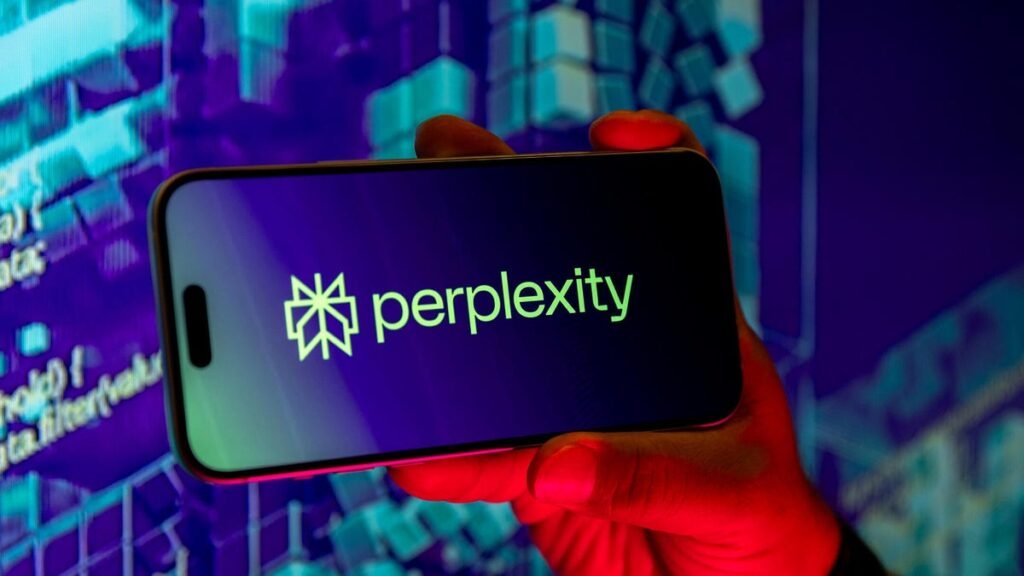 Perplexity AI logo on an iPhone screen with an abstract code texture backdrop