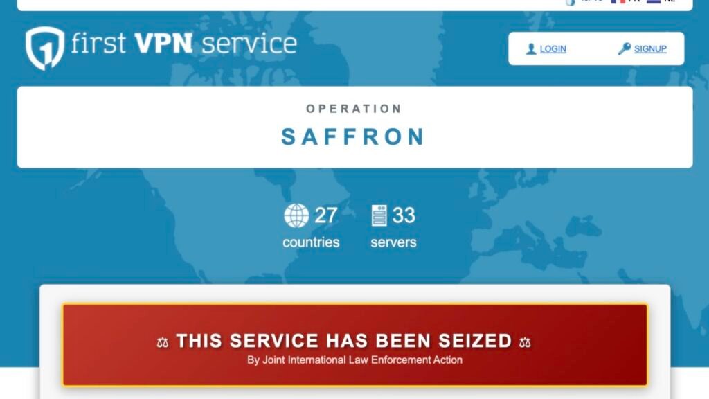 Screenshot of the First VPN service's website with a message stating that the service has been seized by a joint international law enforcement action.