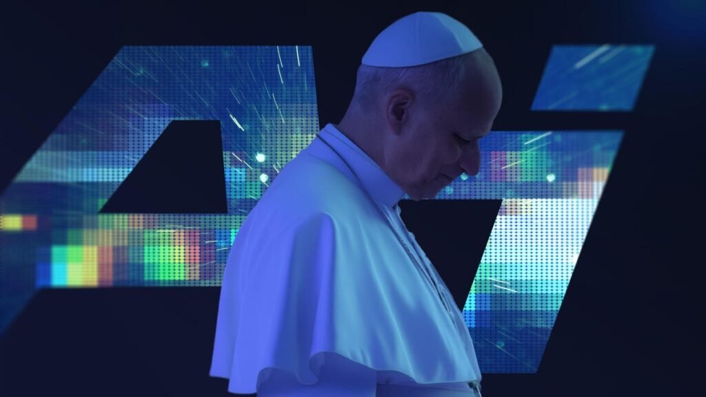 Pope Leo standing in front of a glitchy "AI" text