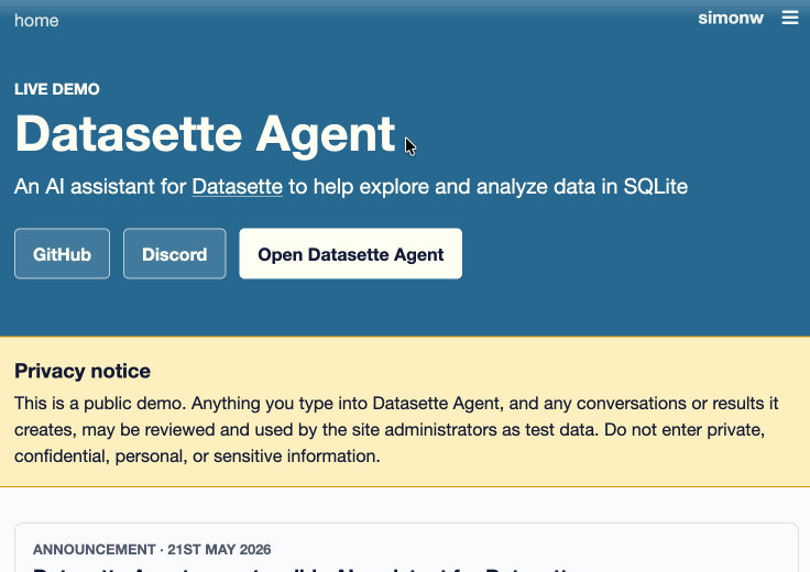 Release: datasette-agent 0.1a4 Animated demo - this time the demo starts on agent.datasette.io and when the menu opens it has a new Start chat box below the search box - entering 'count entries' and hitting the button causes it to start an agent conversation that counts the number of entries and returns 3300.