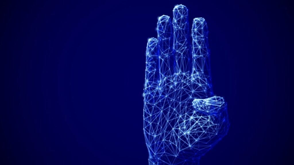 concept of digital hand making a four sign on a navy blue background.