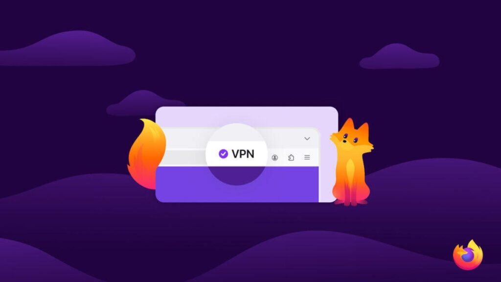 A logo for the Firefox browser with the word VPN highlighted. A cartoon fox sits to the right of the browser window with its tail wrapped around the browser window.