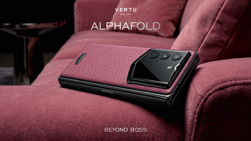 Marketing art for the new Vertu phone. The phone as a pink backing and sits on a leather pink seat of the same color.