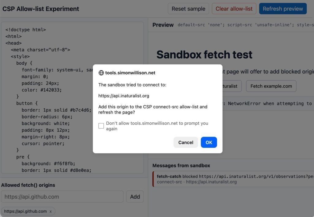 Screenshot of a web tool titled "CSP Allow-list Experiment" with buttons Reset sample, Clear allow-list, Refresh preview. Left panel shows HTML source code starting with <!doctype html>. Right panel shows Preview with CSP header default-src