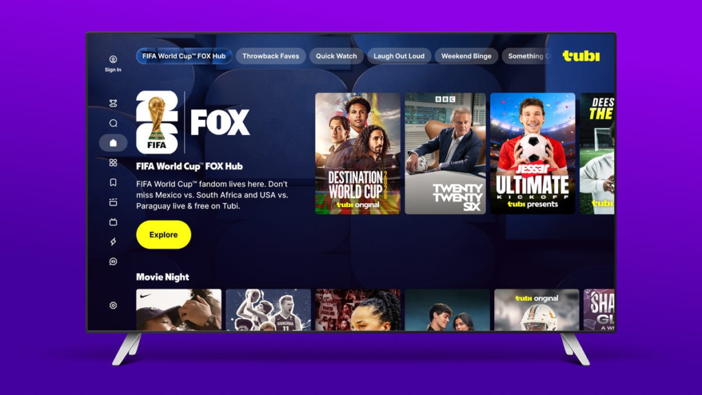 Tubi Kicks Off 2026 World Cup Coverage With a New, Dedicated Hub Tubi app showing world cup hub on tv screen