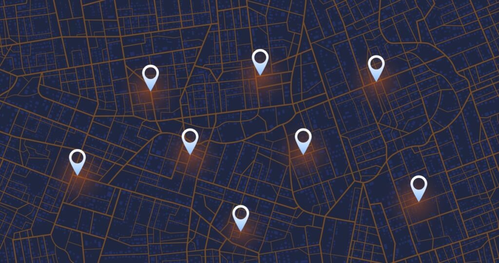 Multiple destinations. Gps tracking map. Track navigation pins on street maps, navigate mapping technology and locate position pin. Futuristic travel gps map or location navigator. Route distance data, path turns. destination tag, Vector